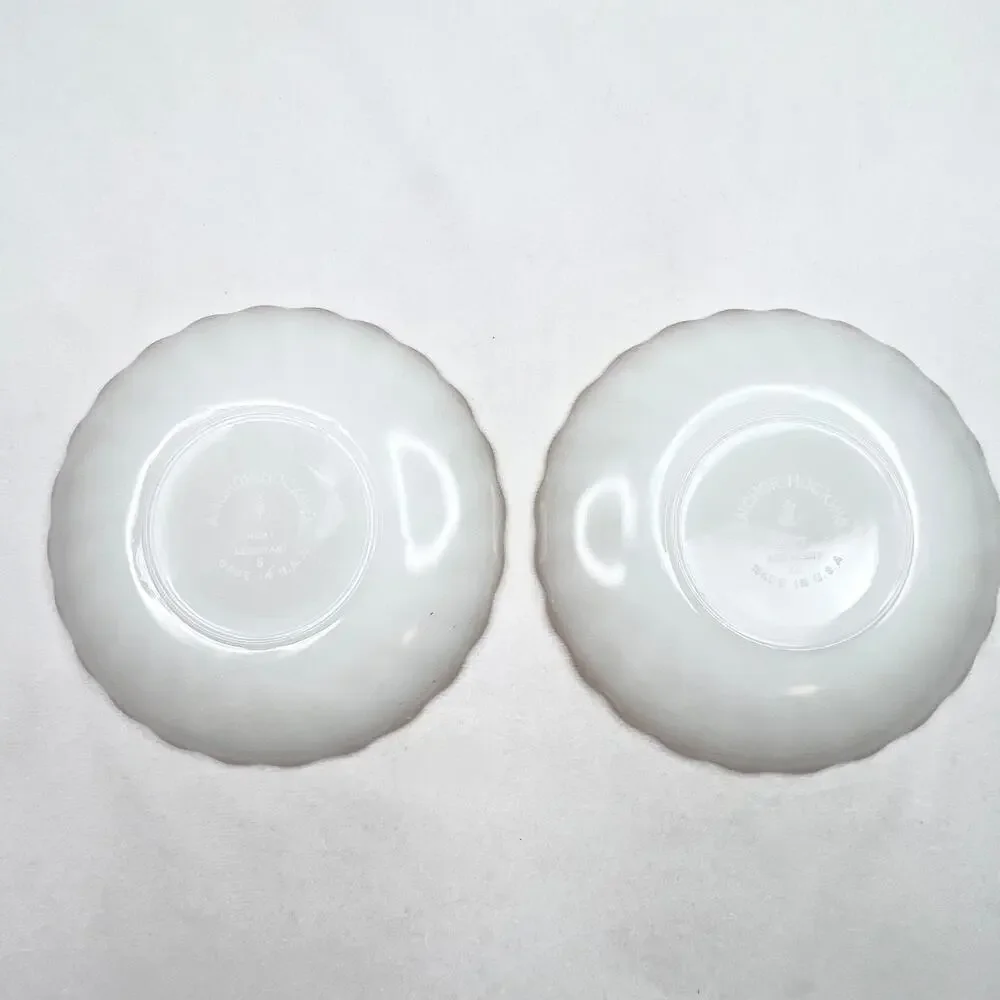 Two Vintage Anchor Hocking Fire King Milk Glass Gold Trim Saucers